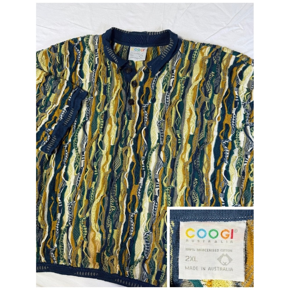 Coogi Australia Vintage 3D Knit Polo Shirt Mens 2XL Blue Green Yellow Cotton